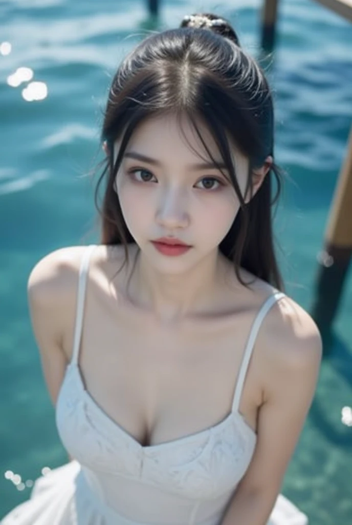 20 year old girl, blue swimsuit, long hair, high contrast (Natural skin texture, Hyperrealism, Soft Light, sharp), portrait, standing, korean