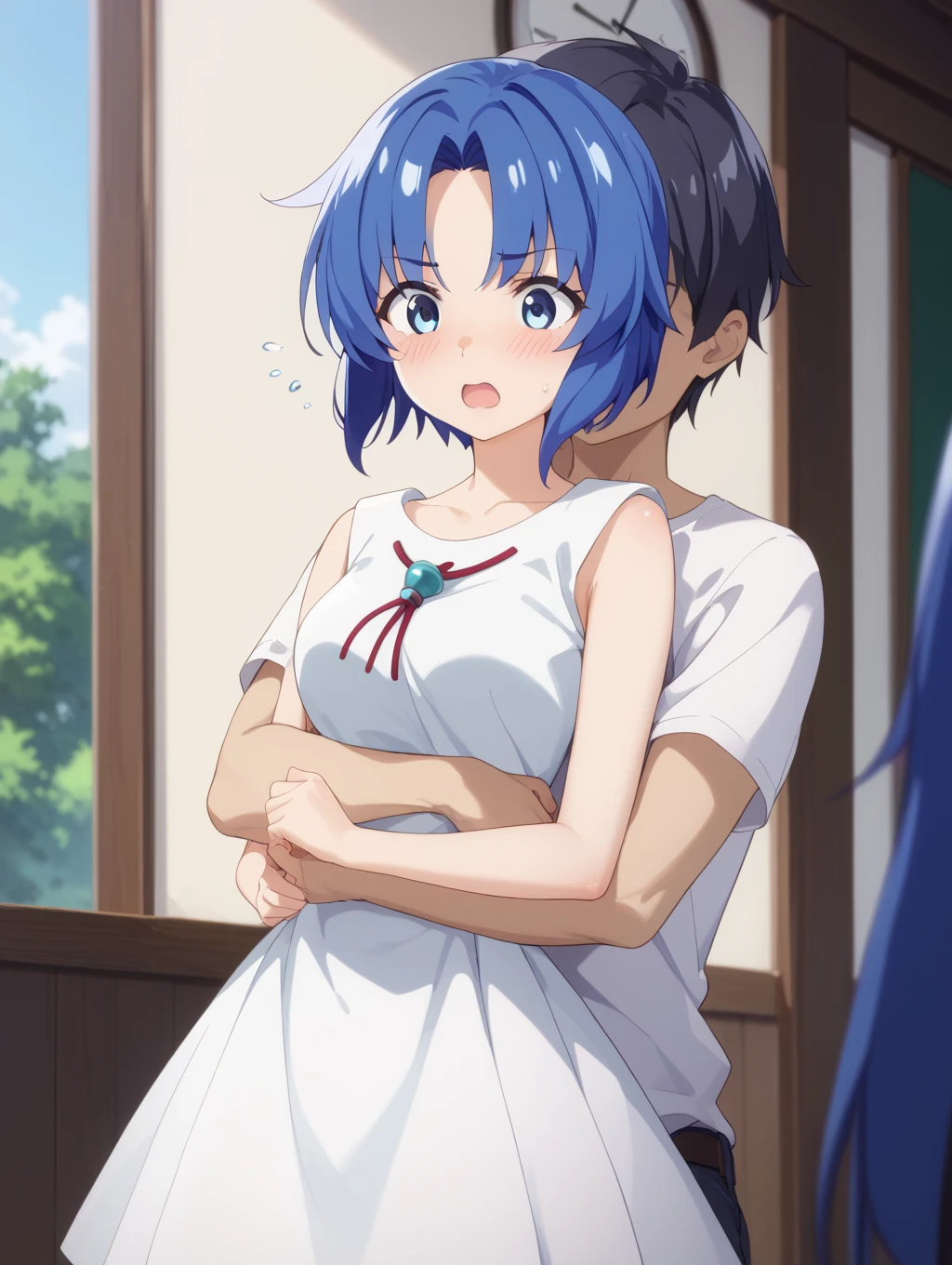 ((best quality)),((highly detailed)),masterpiece,absurdres,detailed face,beautiful face,((detailed eyes, deep eyes)),(1girl),((dynamic pose)), ichigo, 1girl, 独奏, green eyes, short hair, blue hair, hairclip,hair ornament, looking at viewer, upper body, open mouth, bangs, Sweatdrop, bare shoulders, parted lips, small breasts, full_nude Spread your legs Spread your legs Vaginal opening showing off the inside of the vagina Vaginal exposure