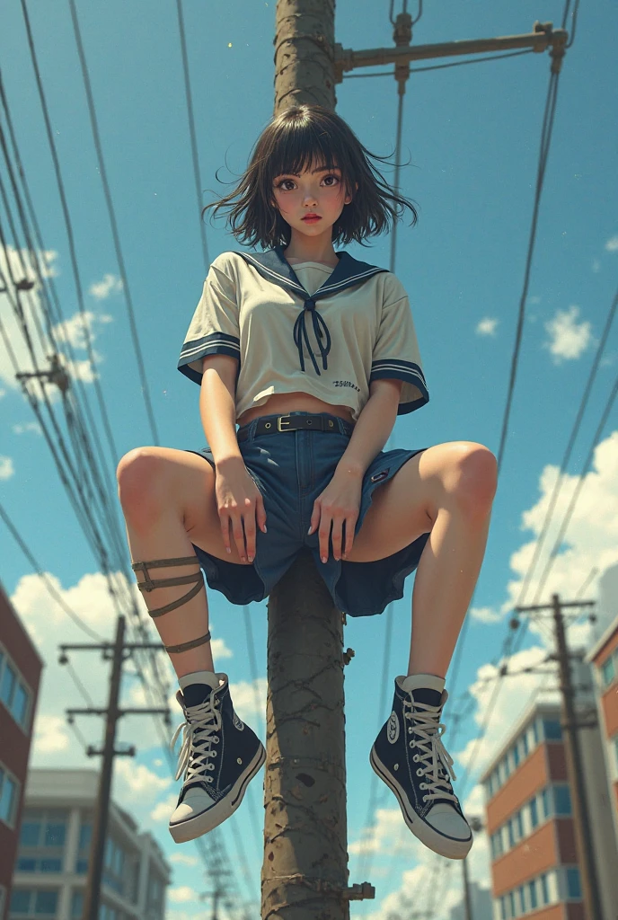 A swedish, American, german, young woman, 20yo, downtown, in large metropolis, collared shirt, sweater, pleated skirt, chuck taylor shoes, smirk ((heavy gaussian blur)), ((soft lighting)), (((extremely hazy:1.2))),, (extremely bright), (dreamy atmosphere), bright vivid colors, (blushing:1.2)