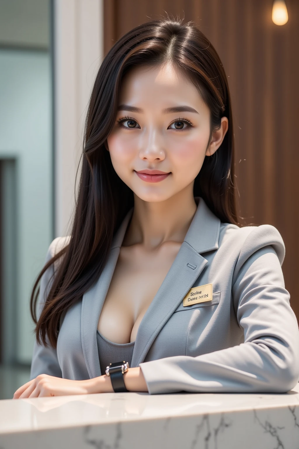 (8k, Best Quality, Masterpiece, Realistic, Ultra Detailed:1.3), (1girl, pretty office worker), (suit jacket, skinny pants:1.3), Smile, (small breasts, cleavage, perfect body), (naked:1.2), bangs, necklace, wristwatch, documents,
