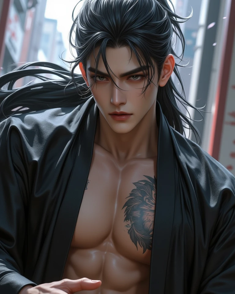 shirtless man, red eyes, long black hair, tattooed on the body, Japanese tattoo