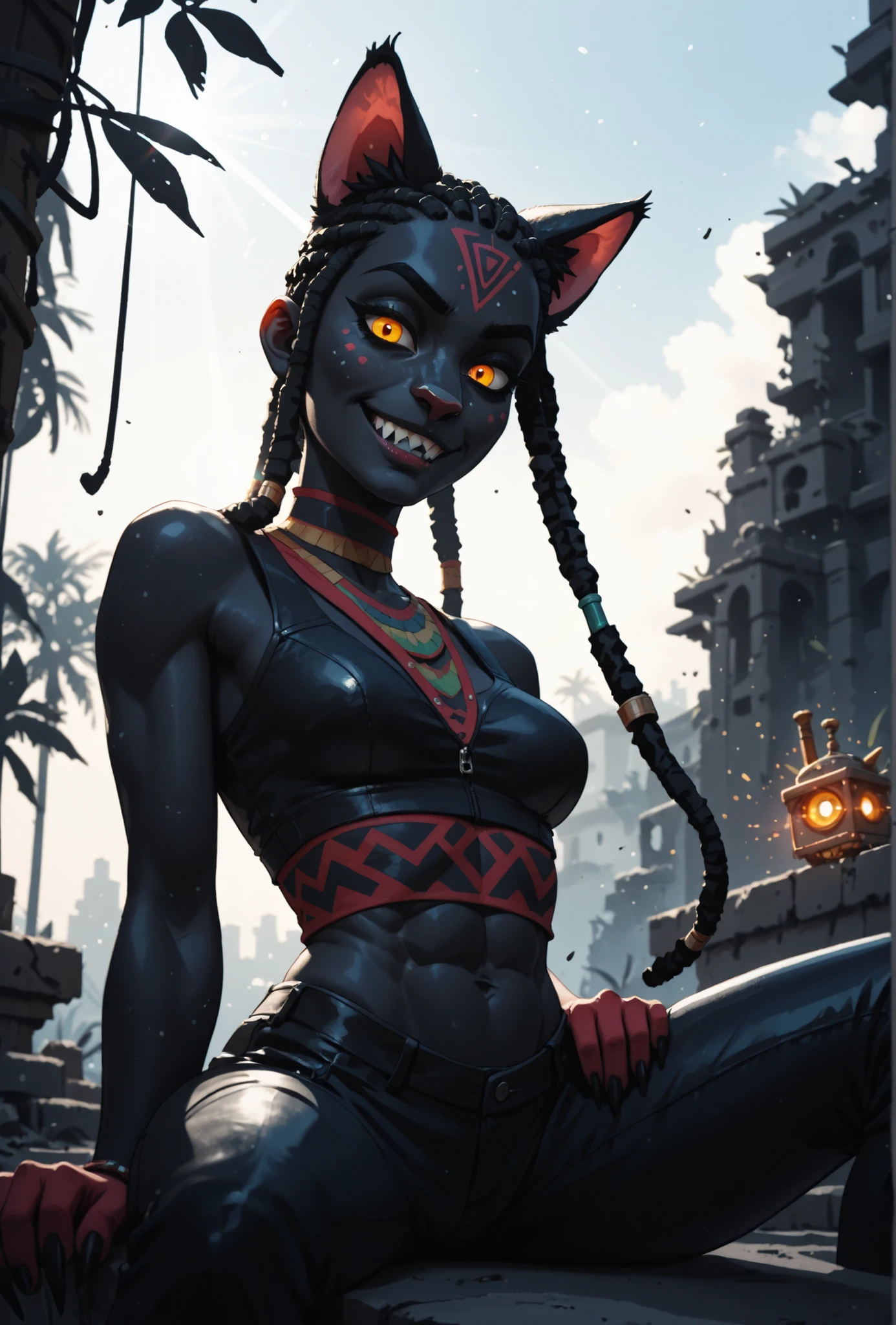 Meisterwerk, hd , great quality, very aesthetic, absurd, high contrast , high color palette , light glare ,neueste,2.5D,volumetric lighting, intense colours, Sweet, jung, 1 girl, asiatisch, Mongol cat-girl, monster girl, panther girl, anthro catgirl, round face, slanted eyes, cat-pupils, big eyes, asian girl, rote Augen, Asian eyes, B-Cup, soft abs, rote Augen, black skin, dark red hands, black claws, white and black hair-colour, short leather hotpants, ATHLETIC BODY, aztekisch, serious expression, looks at the viewer, Dreadlocks, sharp teeth, Hintergrund: jungle and Aztec ruins, looks at the viewer, looks like a young Jennifer Lawrence, awkward smile