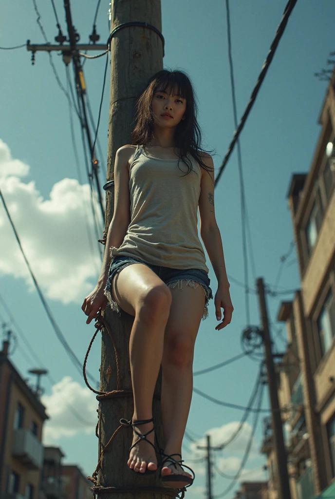 Japanese woman, young beautiful woman, dirty and tattered white camisole, running away, desolate cityscape like the end of the world