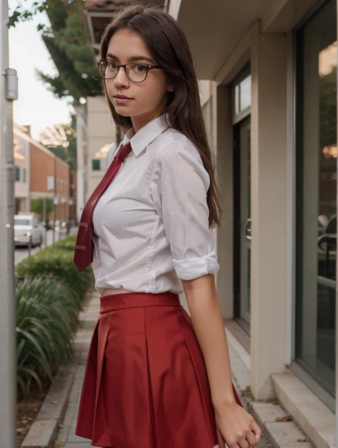 Imagine a 30 year old curvy body with school uniform ponytail wearing glasses red lipstick mascara with big breasts