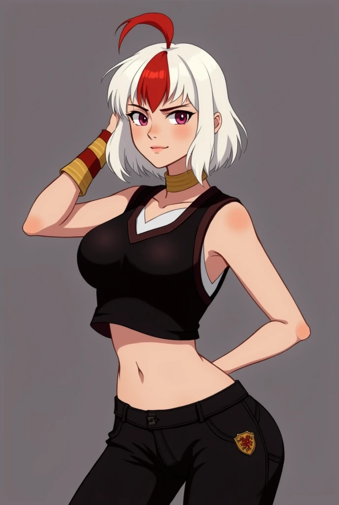 1girl, standing, looking_at_viewer, shiny_skin, white_background, collarbone, solo, solo, straight-on, arms_behind_back, happy, smile, necklace, upper_body, tank_top, midriff, looking_at_viewer, 
<lora:homebrew_grafo_style:0.85>,  <lora:LunaAOM:0.6>, white_hair, ponytail,