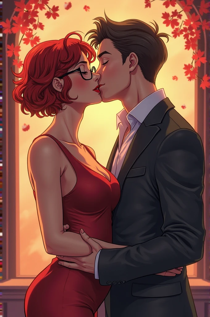Amazing portrait of a sexy woman kissing and making out with a shirtless boy with her glossy red lips while wearing a sheer white shirt that reveals the red lacy lingerie that she's wearing underneath the shirt in a dimly lit room with one lamp giving off warm lighting