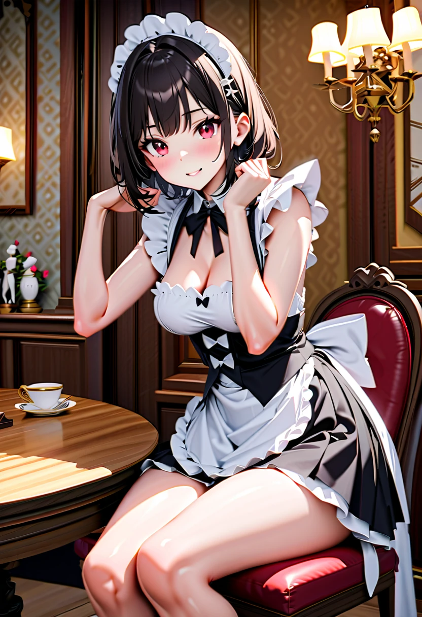 ultra realistic 8k cg, masterpiece, ((ultra detailed background, delicate pattern, intricate detail)), (highly detailed, fine details), best quality, 1girl, (photorealistic:1.4), beautiful lighting, RAW photo, film grain, ((medium breasts, slim girl)), Baccarat, Nero, 1girl, short hair, solo, horns, black hair, red eyes, collarbone, closed mouth, bare shoulders, (demon horns), hair between eyes, cleavage, indoor, ((cafe)), maid cafe, cowboy shot, small breasts, slim girl), small horn, maid, (maid dress), meidofuku, cafe, smile, happy face, approne, skirt, pleated skirt, glove, (stocking), shoes, indoor, table drink, food, waiters, cafe service, black stocking, neck accessories, maid hairband, hairband, white hairband,