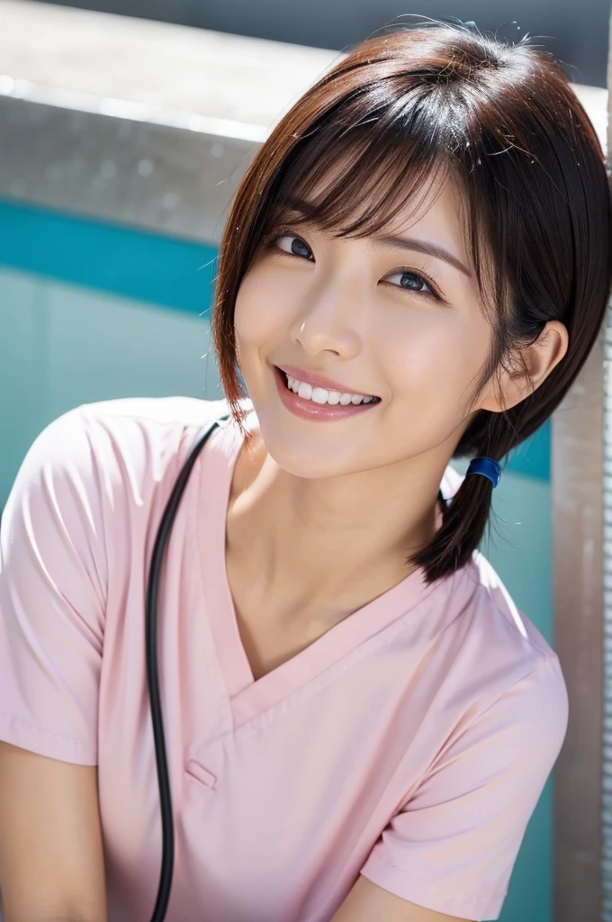 Dental hygienist wearing blue-green medical scrubs Japanese woman in her early 20s with black hair Upper body close-up smile Shooting outside Harmony々 No accessories included