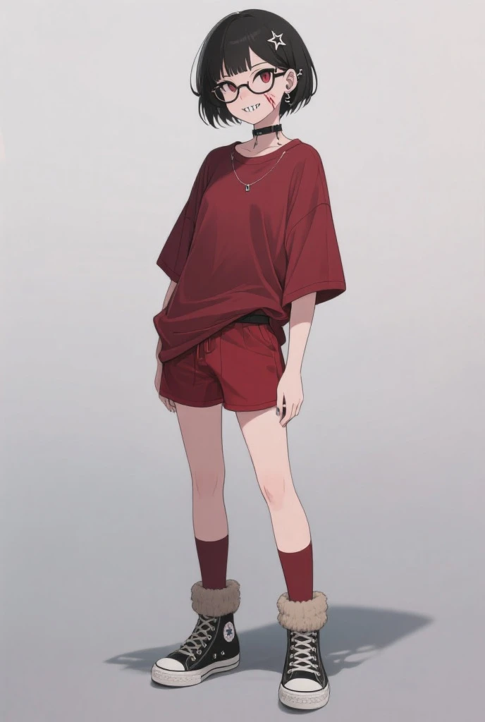 girl, nakanaka_omoharu, short hair, flat chest, golden eyes, eye patch, casual outfit, red shirt, black tights