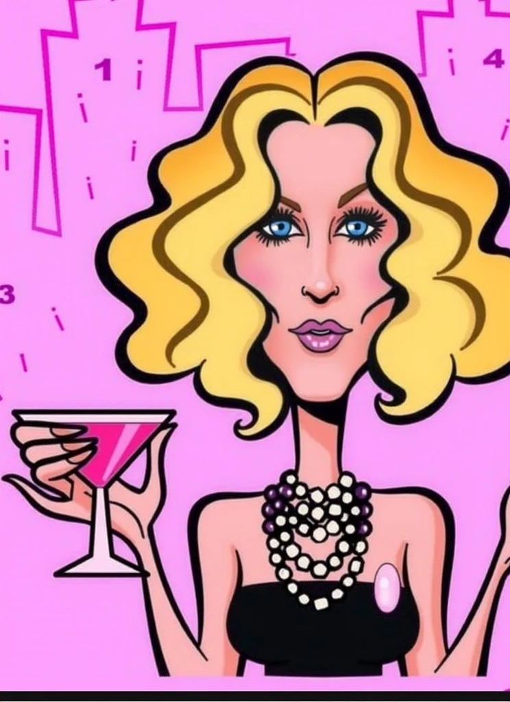 Josh Agle Style - a blonde drag queen in a big wig playing piano and singing. In the style of Josh agle.