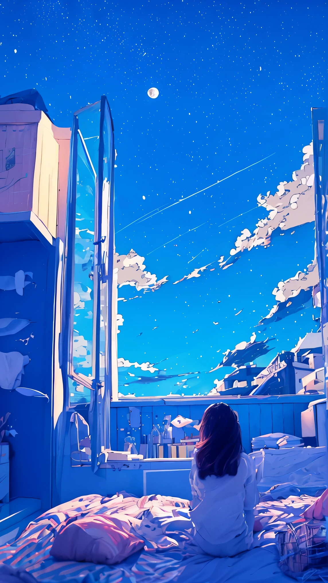 A fantastic picture based on blue、summer night、Rear View of a Pretty Girl Staring at the Milky Way、Dreaming Alone Girl、Majestic Milky Way and Clear Starry Sky、Night Clouds Illuminated by the Moon、Majestic Space、Shining Sirius、meteor and small Saturn