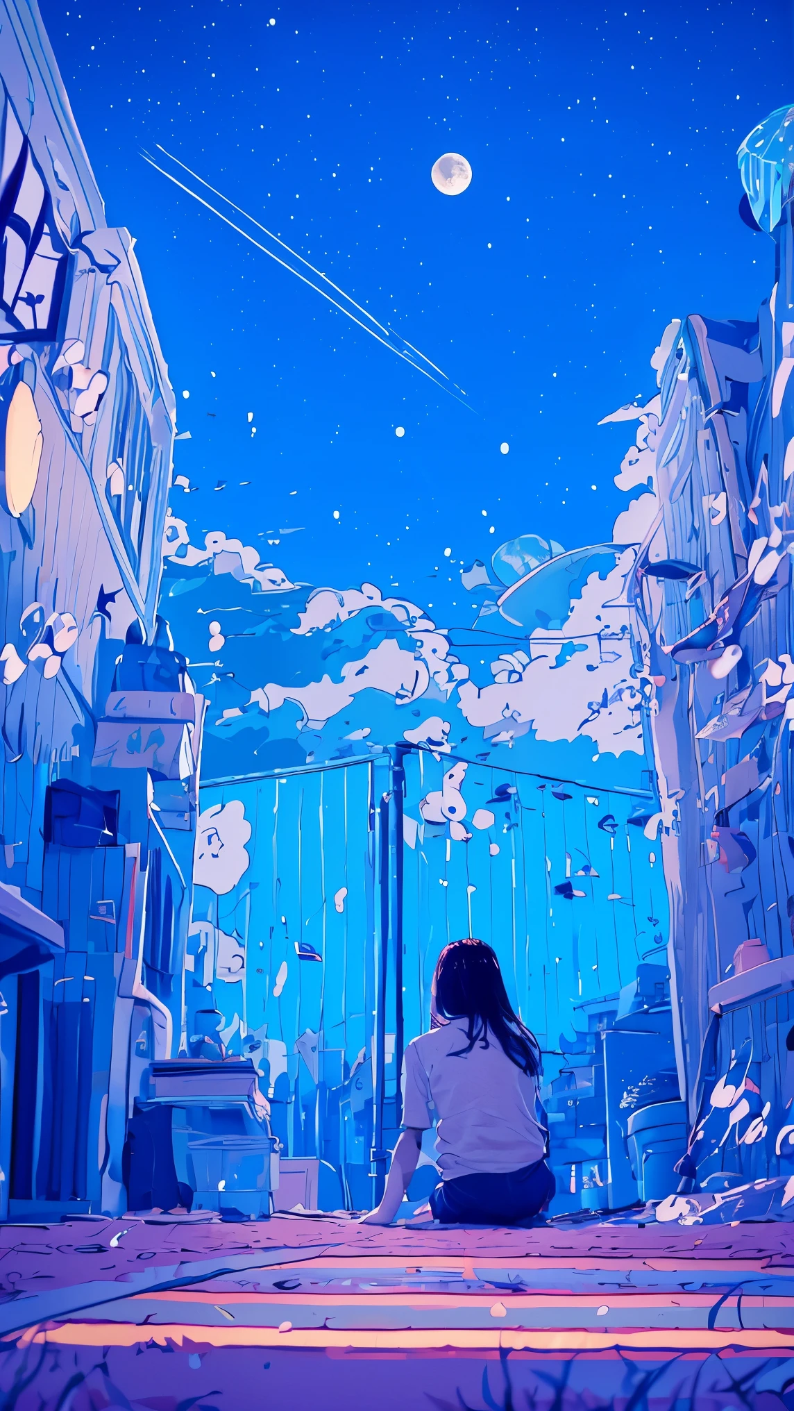 A fantastic picture based on blue、summer night、Rear View of a Pretty Girl Staring at the Milky Way、Dreaming Alone Girl、Majestic Milky Way and Clear Starry Sky、Night Clouds Illuminated by the Moon、Majestic Space、Shining Sirius、meteor and small Saturn