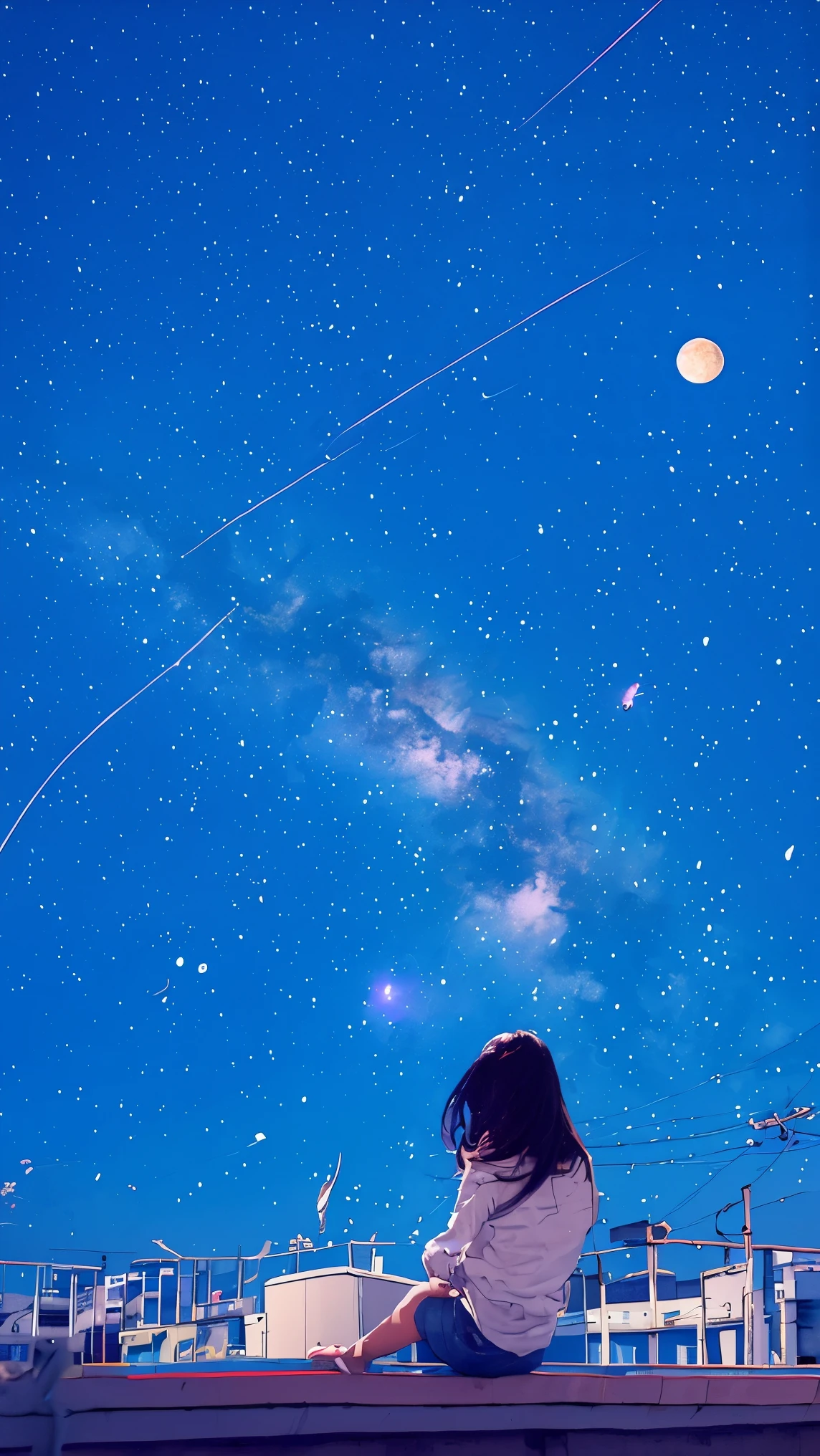 A fantastic picture based on blue、summer night、Rear View of a Pretty Girl Staring at the Milky Way、Dreaming Alone Girl、Majestic Milky Way and Clear Starry Sky、Night Clouds Illuminated by the Moon、Majestic Space、Shining Sirius、meteor and small Saturn