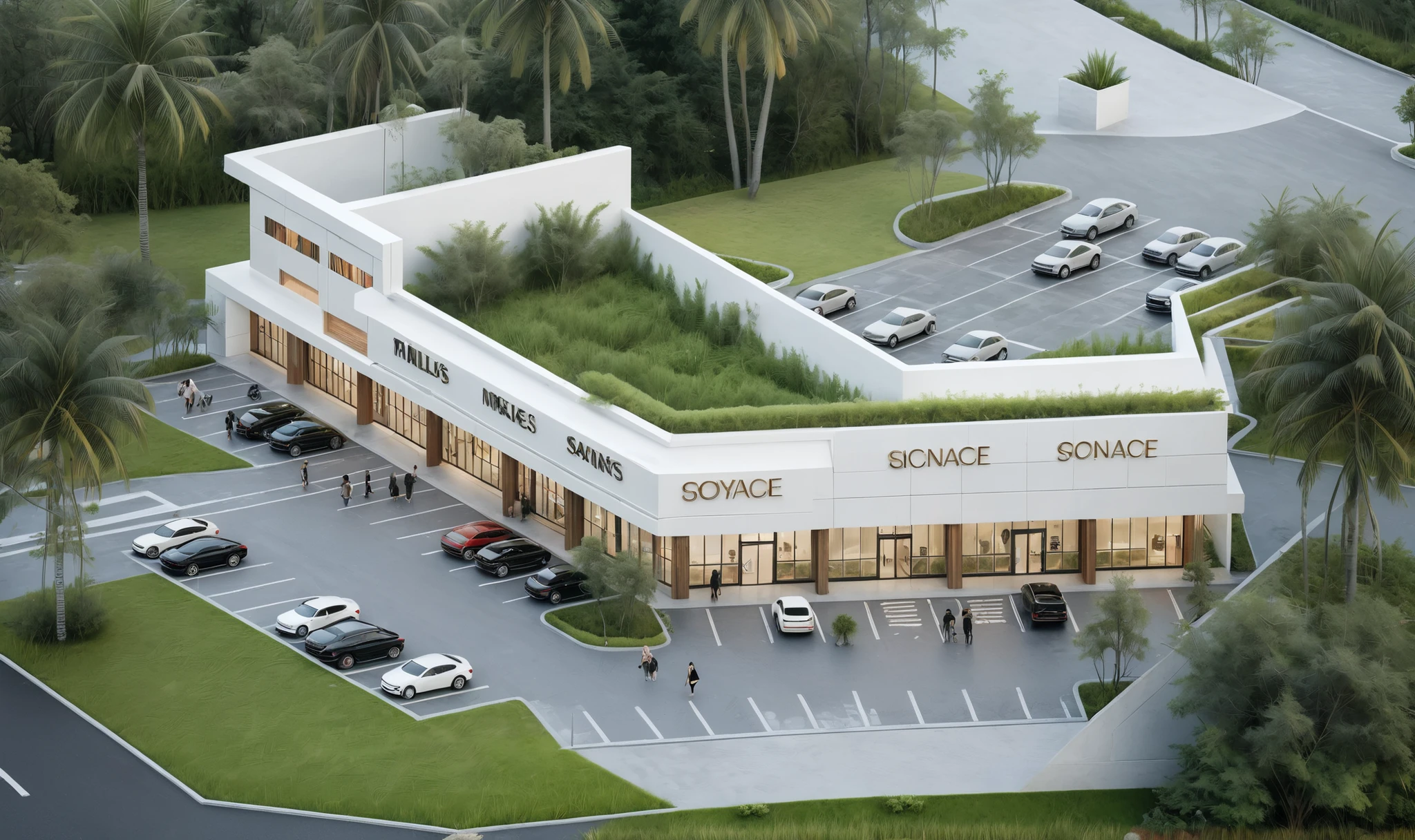 RAW photo, a photo of a shopping mall, The shopping mall is very practical, unique and modern, designed on a street, with no other buildings in sight. Bird's eye view, large parking lot, surrounded by greenery
landscape with weed foreground, building, urban, commercial, terrace, reflection, rain, rain, humidity,((masterpiece)), (cyberpunk1.3), las cao ((best quality: 1.4)), (ultra high resolution: 1.2), (realistic: 1.4),(8k: 1.2), building, architecture, interior lighting, landscape, architectural art, , masterpiece, realistic, best quality, high-rise office building, architectural rendering, trees, vehicles, landscape, road, street, city, high-rise complex, futurism, sci-fi style, night scene, city lights, clear sky, white and wooden wall facade, large glass doors, white walls and wooden accents.