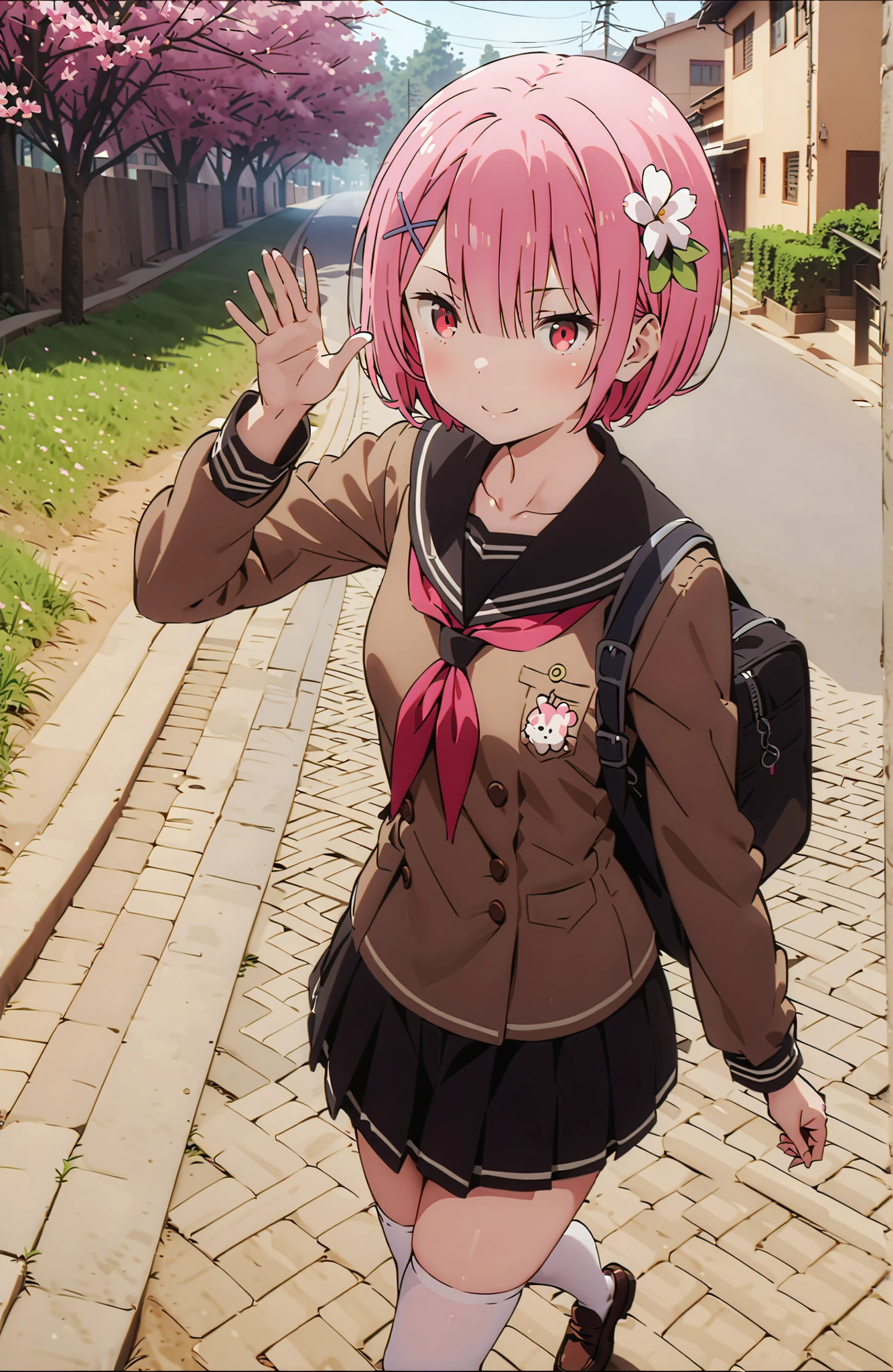 score_9, score_8_up, score_7_up, source_anime,Ram, solo,hair flower, hair ornament,Hide one eye with bangs, pink hair, Red Eyes, short hair, x hair ornament,smile,blush, shut your mouth,Black Sailor Suit,long sleeve, Black Mini Pleated Skirt ,white thigh high socks,loafers,Student bag 1 :1,spring,Cherry Blossoms,walking,,as if the whole body is in the illustration,in their 40s looking at viewer,full body,
in their 40s outdoors, residential area ,
in their 40s (masterpiece:1.2),Highest Quality ,Kampala,unity 8k 壁紙,(shape:0.8),( fine and beautiful eyes :1.6),It's a person ,full body photo,CG Details , (perfect hand in h,Complete Anatomy),