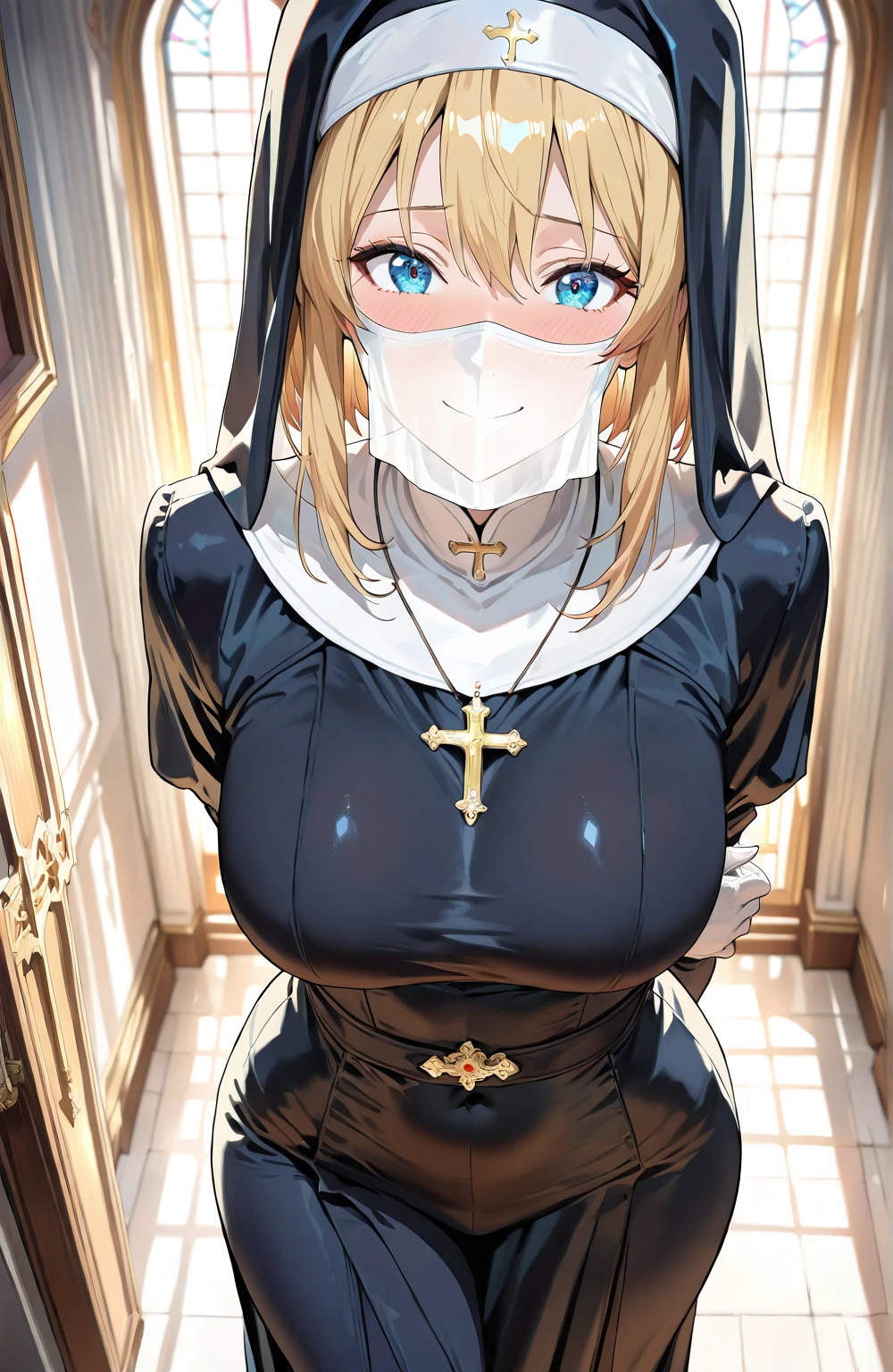 (Best quality, 8K, Masterpiece:1.3, 1girl, Beautiful girl), cute, Dynamism, Detailed face, Detailed skin, detailed clothes, Detailed eyes, Detailed lips, Detailed tongue, Detailed fingers, Detailed mouth, Photorealistic, Raw photo, highres, hight resolution, Natural lighting, dynamic pose, perfect anatomy, toned legs, double eyelids, tear bags, round eyes, moist lips, sweaty, (nun, gothic nun costumes, (lace blindfold), sticking tongue out, drooling), cross motif, cross, breasts, masturbation, orange hair, cum on tongue, panty pull down, cowboy shot, skirt, grabbing crotch herself, nsfw, ecstatic face, kneeling