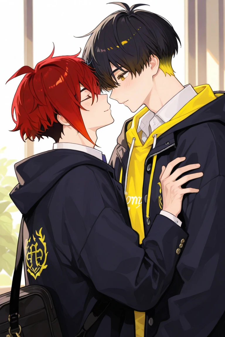 ((best quality)), ((masterpiece)), (detailed), perfect face, 2 boys, gay couple, one boy with dark black hair and dark brown eyes and is tall and handsome, looks fierce and bold, tsundere, very tall, hot and other boy has orange hair and orange eyes and is cute adorable and is bubbly and shorter, short height, baby face, blushing looks like innocent and shy, they are in love, kawaii, kissing, kissing lips, kissing on lips gay couple, bl couple, yaoi, 4k ultra anime quality, anime ARTSTYLE, bl yaoi, hugging, 4k anime art style, cute, bl ARTSTYLE, bl manga