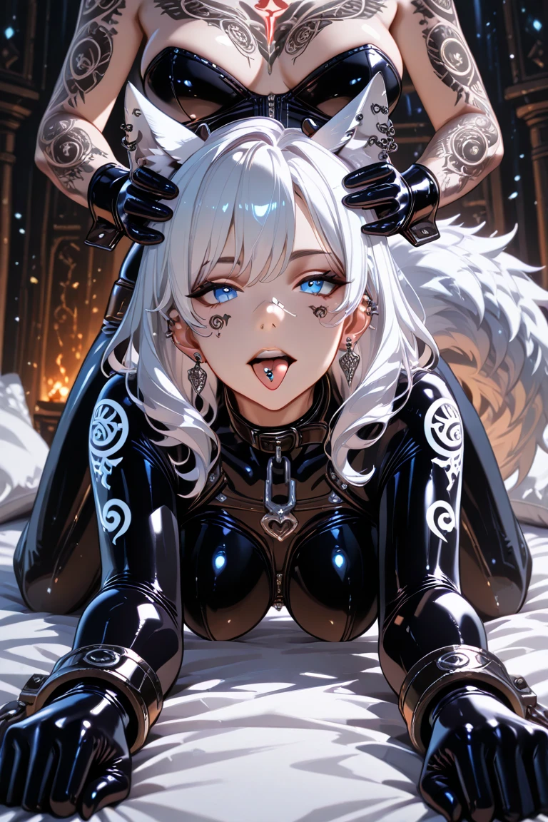 White long hair girl black eyes blush face wearing cow printed bodysuit tight cow printed bodysuit socks and have golden collar