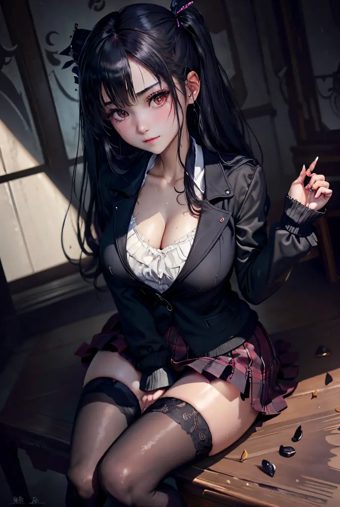 Schoolgirl Blazer、High school girl uniform、Red checked skirt、JK style、jaket、to stand、A slight smil、garterbelts、knee high socks、panthyhose、Beautifying the world、Unhappy、Transcendent beauty、Beautiful shape、wretched、ghosts、wraiths、Evil Spirit、Beautiful、boredom、Unusual beauty、Bewitching、Fornication、Hard Dark Gothic Makeup、twin-tail hair、Black Dark Eyeshadow、slaves、crying how bright、mourn、Sad songs、Good skin luster、Long hair straight hair、Dark Gothic Makeup、Dark smile、Expressions of sexual arousal、Fragrant beauty、age19、seductiv、 Strong sexual pleasure facial expressions、A look of shame、masturbation、Obscene look、Stained glass background、masutepiece、Best Quality、Ultra-detailed、Refers to 5 books、Sweat glitters on my chest、Glitter of sweat on your face、Glitter of sweat on your thighs、Put your hand deep in your crotch、Rubbing the crotch、Panting look、Expression of sexual pleasure in anguish、Sweating profusely、Drunken face、Nasty Woman、Transcendent Bewitching Pose、Nasty poses、Open your legs a little、cross one's legs、black frilly panties、Breast size is normal size、The shape of the chest is in the form of a bowl、Glamour、thighs rather thick、Tamaki Mukaisaka、Dark pink hair、Smile、Height 158 cm、