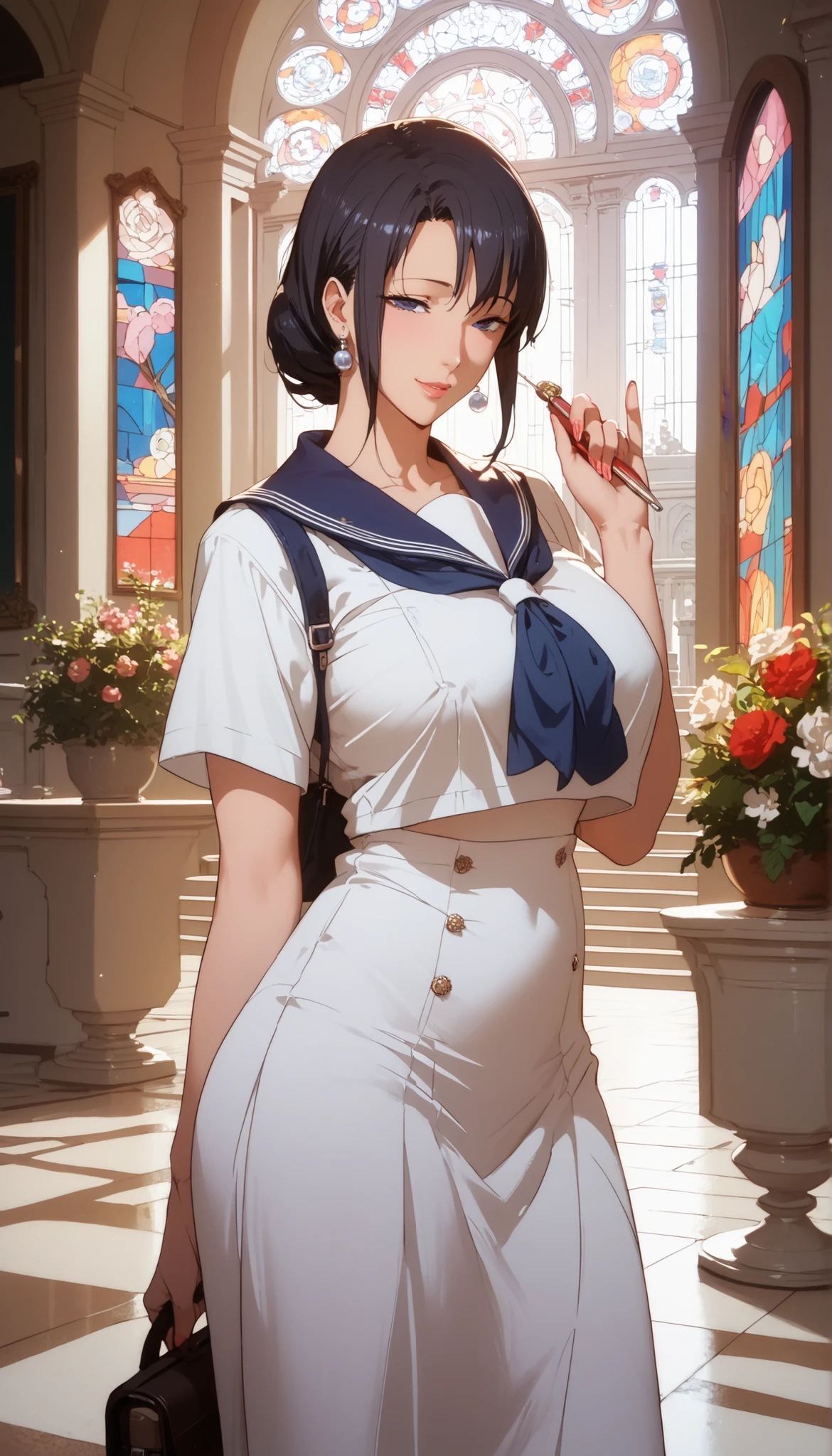 Score_8_up, Score_7_up, Source_anime, anime art, anime style, very aesthetic, masterpiece, high quality, cool character, mature woman, milf, curvaceous, ,Tsubaki Miyajima ,school uniform