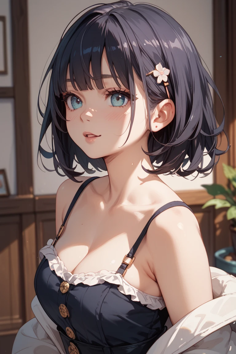 Beautiful Girl, Navy Blue Hair,short hair(Inward Curling Bob) ,blue eyes,White Dress, White lace、Big Tits、blue earrings,In close range、blue necklace、Firm breasts、