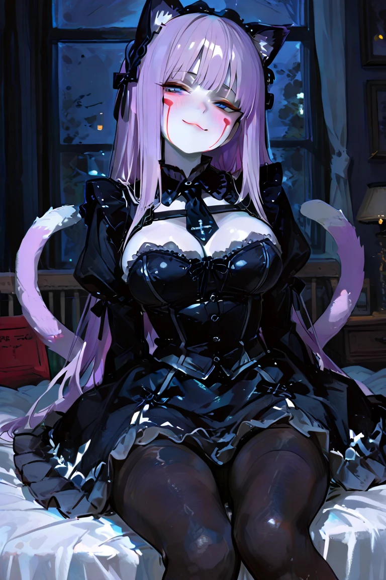 1 girl, big, succubus, long pink hair, pale skin, heart-shaped light blue eyes, fangs, white cat ears,