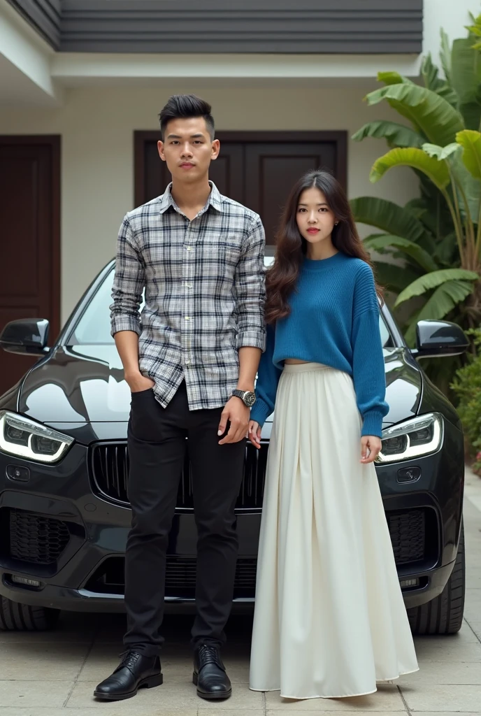 The couple is standing, both tall, a girl with black hair and Asian appearance, wearing white trousers on top, a black jacket, a brunette white guy, slightly inflated, both looking at the camera from behind, sakura is dawning and a white BMW car is standing
