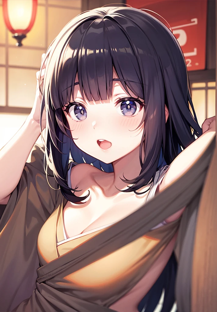 ｛creation、high resolution、high quality｝、Black Hair、long hair、Blue Eyes、Japanese-style room、Big breasted beauty、kimono、Bare chest、On all fours、night、Embarrassed face、
