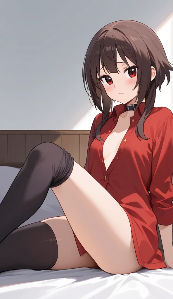 girl, large breasts, brown hair, twintails, long hair, green eyes, red hoodie, oversized_sweater, oversized_hoodie, sitting, white thigh-highs, high detail, sharp image, anime style