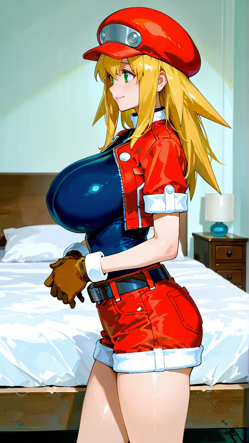 (cute girl :1.3),(gigantic boobs:1.3) ,(beautiful white skin:1.4),(blue leather fit garment :1.5),(all fader red background:1.3),(blond mid messy medium hair:1.5),(Sharp Gaze)