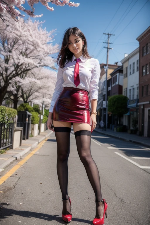 best quality, Master the peace, ultra haute résolution, (realistic、、、、: 1.4), Photo originale, Photo de la tête, snow-white skin, sinnpuru　background, detail,  1 fille, regarde le spectateur,、Smiles、baby face、Taiwanese beautiful girl idol、chemise transparente、(extremely short leather ,:1.4)、Mini skirt with visible bottom of buttocks、golden choker、shiny red high heels、Glossy red glossy engobe:1.1、Bas noirs brillants、cuisses sexy、sweaty skin:1.4、cheveux noirs brillants、open shirt breast visible
