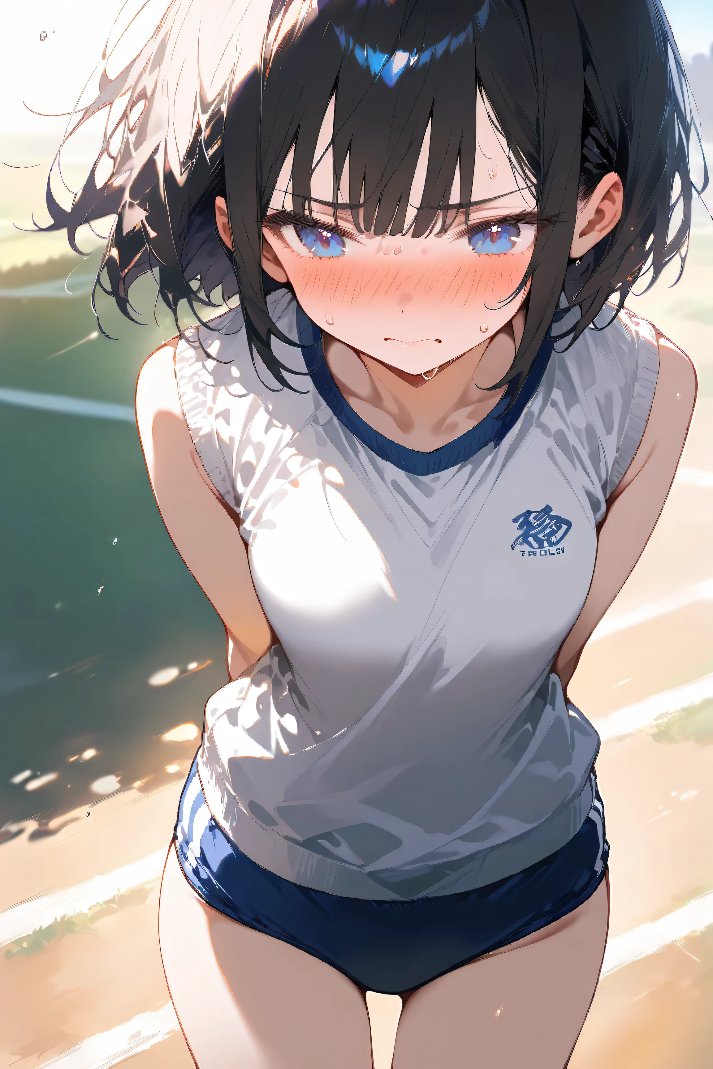 ( beautiful girl : 1.3), 1 girl, (white gym clothes, take off blue buruma, exposed pink panties), black hair, bobcut hair, blue eyes, asthma, embarrassed, blush, sweating, sunshine, sports field, masterpiece, best quality , super high resolution, rich contrast , HD,8k, High Definition CG Unit Wallpaper, texture , unbelievably absurd, super high resolution, very detailed