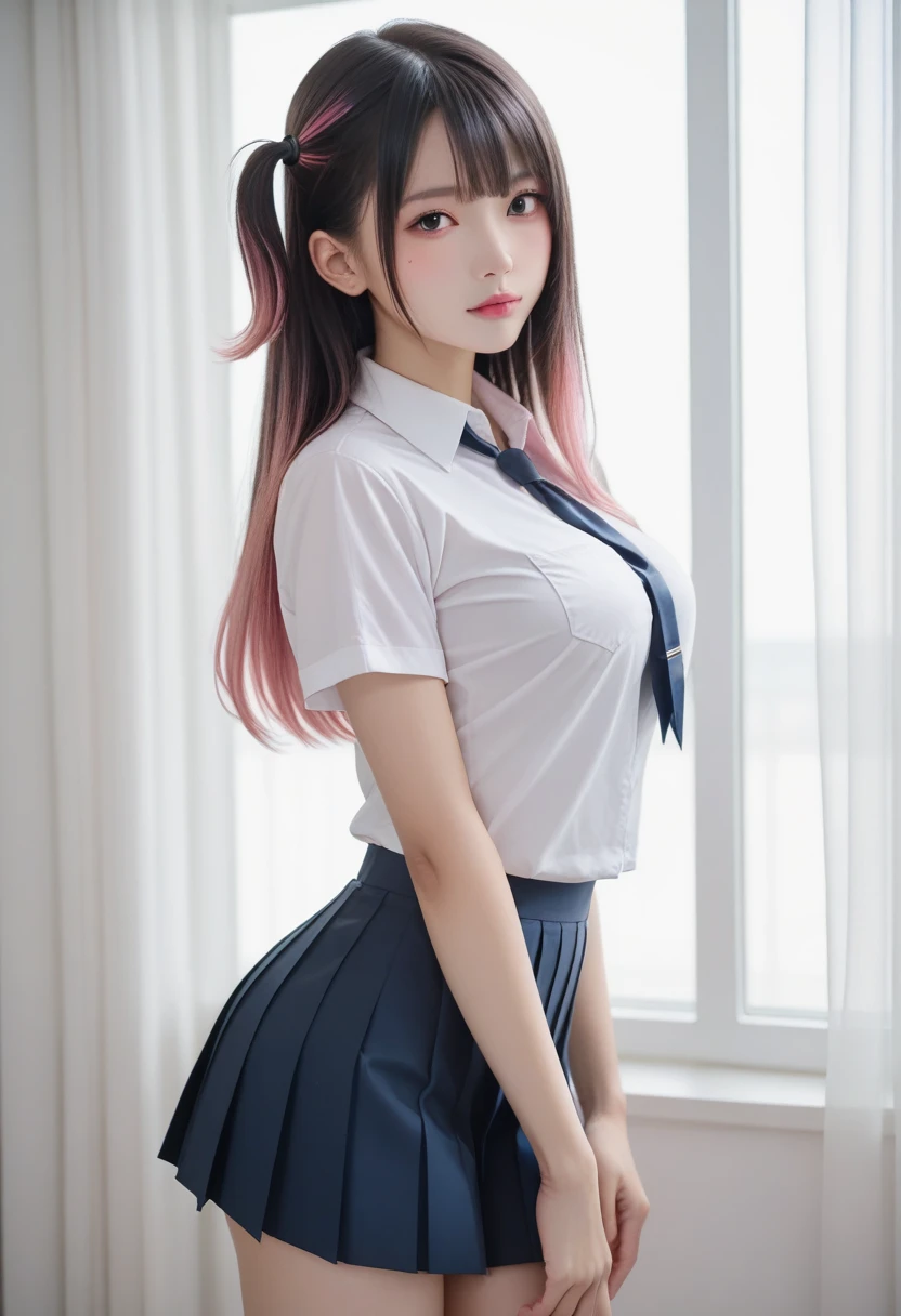 arafed asian woman in a school uniform posing in front of a blackboard, a hyperrealistic schoolgirl, wearing japanese school uniform, hyperrealistic schoolgirl, japanese girl school uniform, wearing school uniform, japanese school uniform, realistic schoolgirl, girl wearing uniform, cute schoolgirl, wearing a school uniform, jk uniform, school girl, korean girl, (1girl blue eyes light grey hair), big ass full breasts until waiting wearing, (mini sexy swinging skirt round: 1.3), varied poses.
