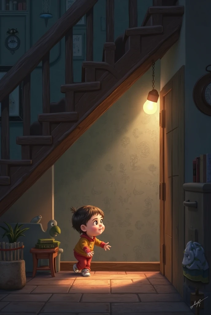 Child at night in his room climbing the stairs, with his brown hair, starry clothes and his lantern in his right hand