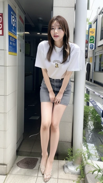 A girl is sitting sideways at the top of the stairs, with her legs stretched downwards. She is taking beautiful photos for the Internet. The angle of shooting from bottom to top makes the girl's legs look even more slender. The girl is wearing a small vest, canvas shorts, bare thighs, and casual leather boots.