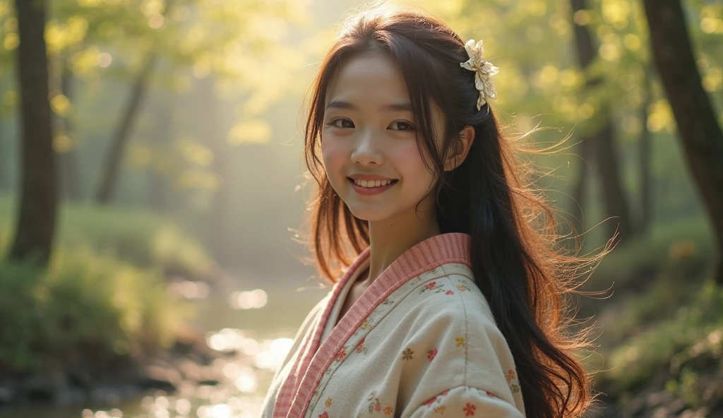 A 10 years old Japanese girl in a kimono, standing under a weeping willow tree, smiling, beautiful detailed eyes, beautiful detailed lips, extremely detailed eyes and face, long eyelashes, photorealistic, portrait, natural lighting, muted color palette, cinematic composition, soft focus, masterpiece