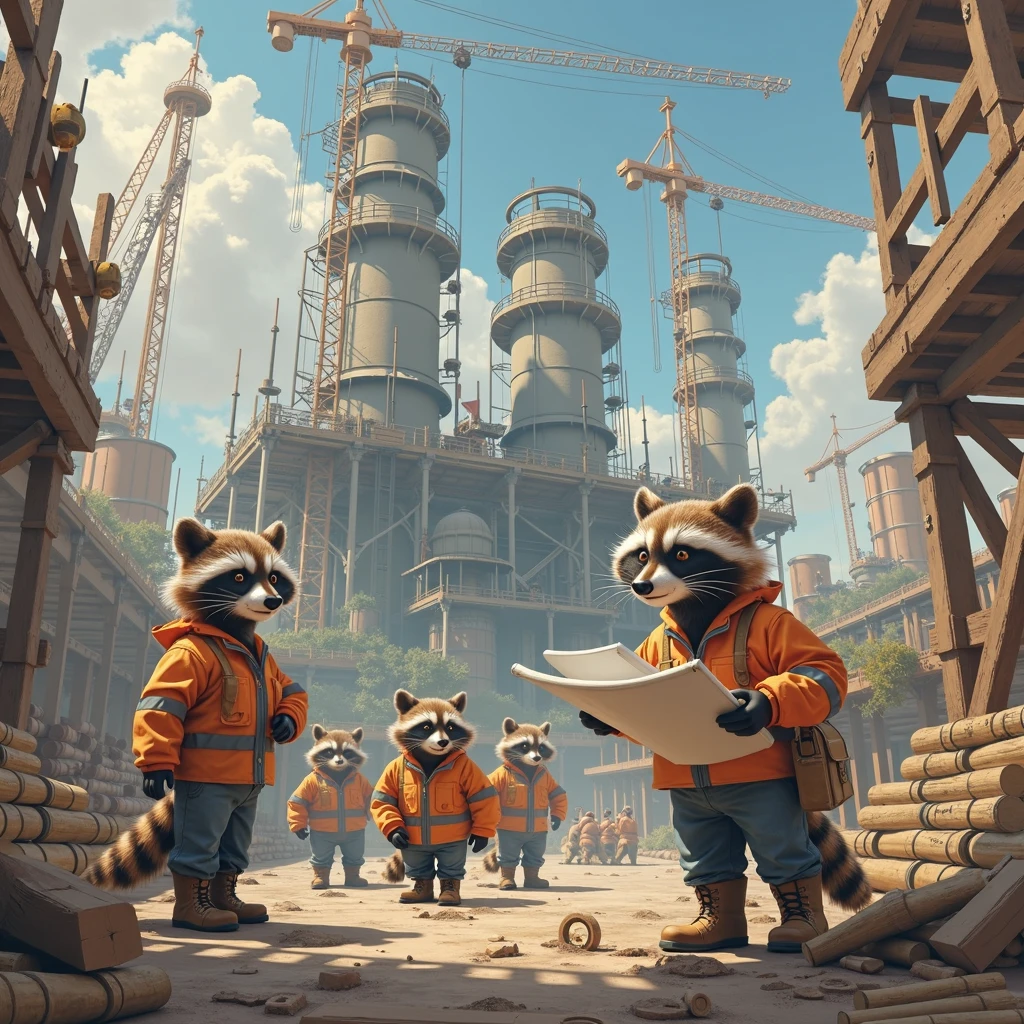 Draw lots of engineering raccoons building a big, big plant. Raccoons ...