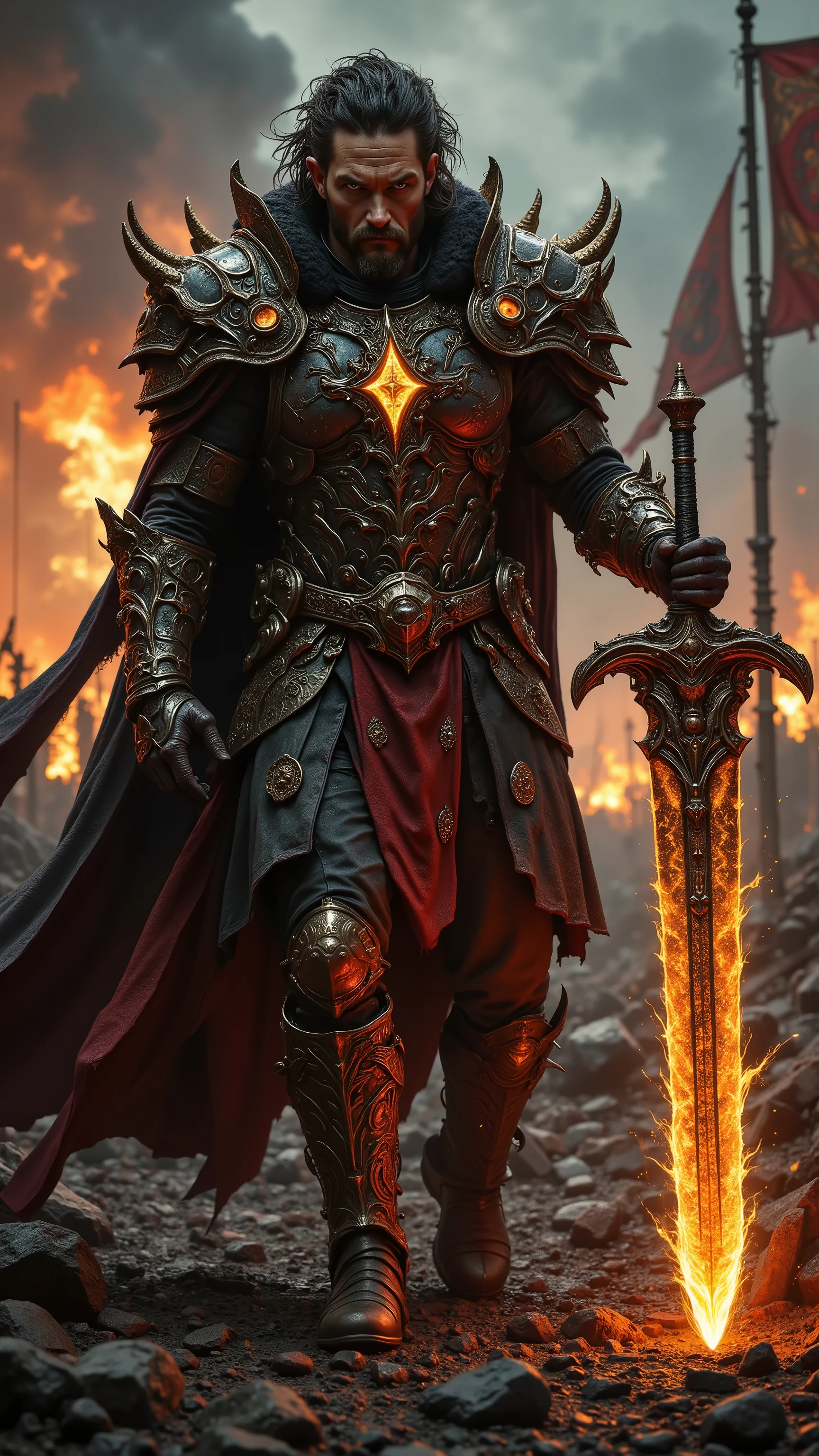Tom Hardy reimagined as a Dark Fantasy Lord of Wrath walking across a burning battlefield, 1 male,
Thick, tousled black hair flowing with the heat, eyes glowing like molten lava, his face carved with fury and scars of countless battles,
Wearing heavy, charred black and crimson armor, the chestplate sculpted with jagged volcanic motifs and ancient battle runes, scorched and cracked as if forged in hellfire. His pauldrons shaped like demonic horns, smoldering with ember veins. Thick gauntlets with engraved sigils of war, massive boots of blackened steel crushing the scorched ground beneath. A tattered cape of ash-gray and blood-red fabric trails behind him, scorched at the edges, billowing in the searing wind,
In his hands, he holds a colossal flaming greatsword, its blade pulsating with fiery veins, leaving burning cracks in the earth with every step,
Shows his full figure, muscular battle-scarred body, perfect masculine face with intense expression, full body, heroic and feral male ,
The background showcases a vast battlefield in ruins, with shattered banners fluttering in the smoke, broken siege engines burning in the distance, rivers of molten rock carving the shattered landscape, crimson lightning ripping through dark volcanic clouds above,
dark fantasy, cinematic lighting, dramatic shadows, moody atmosphere, high contrast, photorealistic, masterpiece, ultra detailed, ultra high resolution, realistic, gritty texture, full body, extremely detailed face and armor, realistic skin texture, best quality, hyper realism, no text
