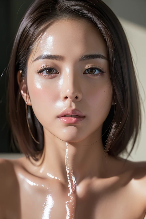 masterpiece, Ultra HD, clear, RAW UHD Format, 30 year old beautiful japanese tanned gal, Droopy eyes, High resolution glowing eyes, (Perfect Anatomy), Photo engraving, Shallow depth of field, Cute Face, Messy blond hairstyle, (tanned shiny skin)(, Oily skin, Complex eyes,(detailed large areola),naked,