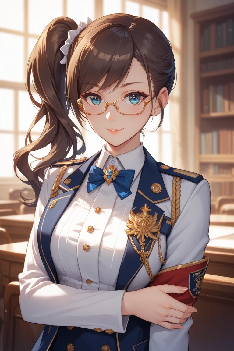 Guild girl, receptionist, ((medieval fantasy)), (another world), , red hair, wavy long hair, purple eyes, glasses, big breasts, receptionist uniform, blue and white uniform, calm atmosphere, reception counter ,analog,