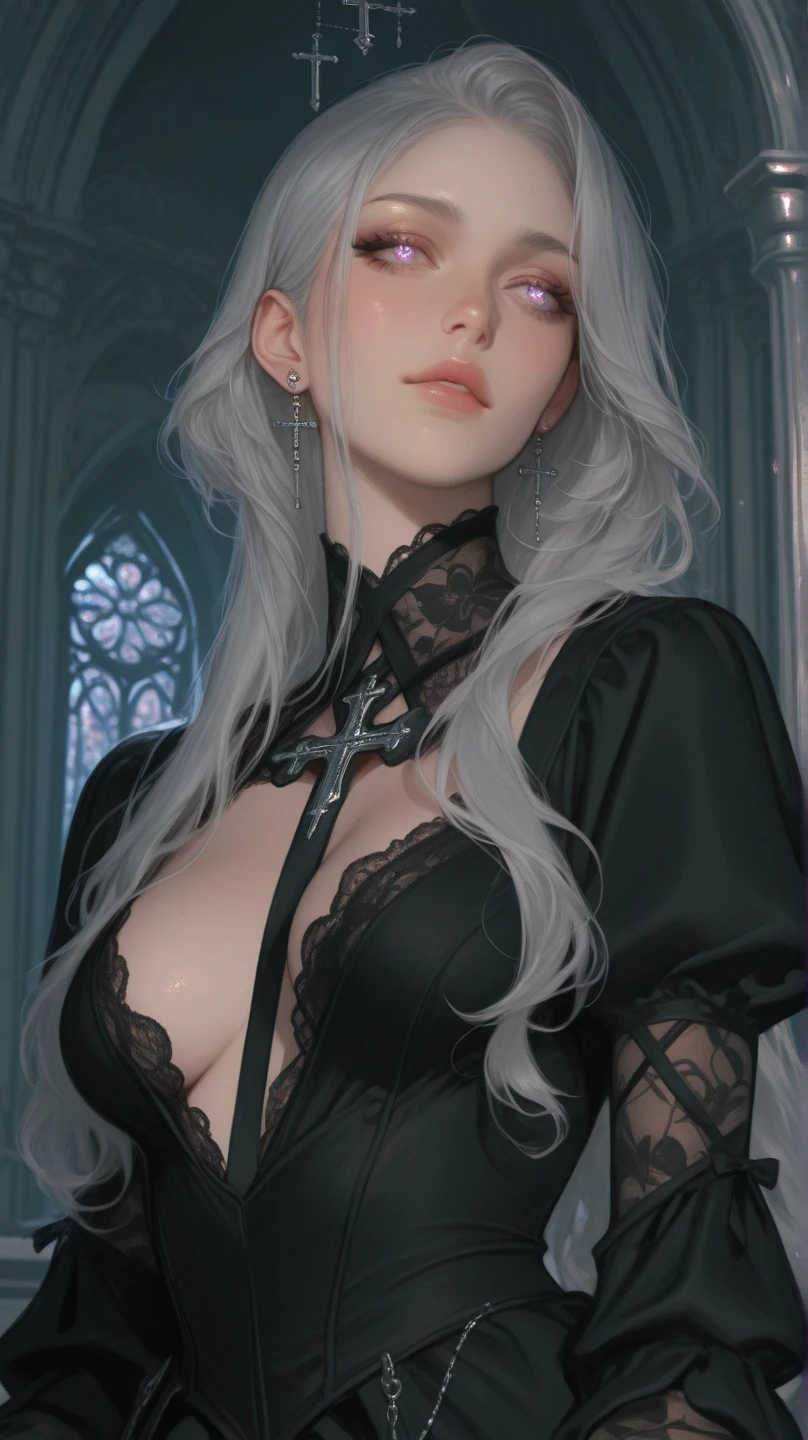 (best quality,ultra realist:1.2),A high resolution ,ultra detail, a young French courtesan of the fourteenth century, 16yo, beautiful woman in exquisite black and red costume ,Fine jewelry, like pearls and rubies. pale skin, Curly silver hair with small strands, beautiful expressive blue-grey eyes ,beautiful detailed lips,, Beautiful and elegant and delicate personality.