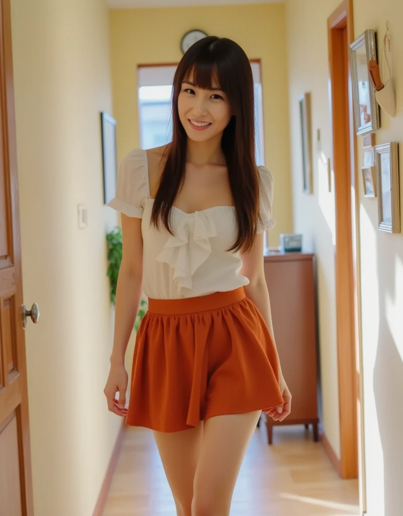 Ulchan-6500-v1.1, (RAW photo:1.2), (Photoreal), (genuine:1.4), 1girl、perfect anatomy、28 years old、look at the camera、medium long hair、yellow checkered vest、((Are standing:1.3))、(super realistic pantyhose:1.2), (high heels)、(Business service)、((skirt lift))