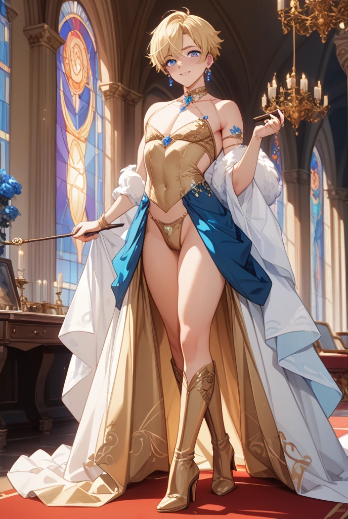 1woman, ((navel hair)), hairy, navel piercing, standing, open stance, front view, from below, hand on hip, legs spread, Pushing hips forward, plump, wide hip, long breasts, gigantic breasts, huge , thick thighs, muscular thighs, tall female, beach, gleaming skin, gold hair, drill hair, long hair, (see-through) sheer lace white cape, (cross pasties), halo, (gold armored thighs boots), thighband, sheer white loincloth, gold heart pasties, cameltoe, blue eye, underbust, gold shoulder armor, lips, breast plate, nun, holding gold cross sword scepter, (see-through) sheer lace white veil, plate armor, crown on head, breast curtain, see-through, bangs, pelvic curtain, armored dress, metallic gold