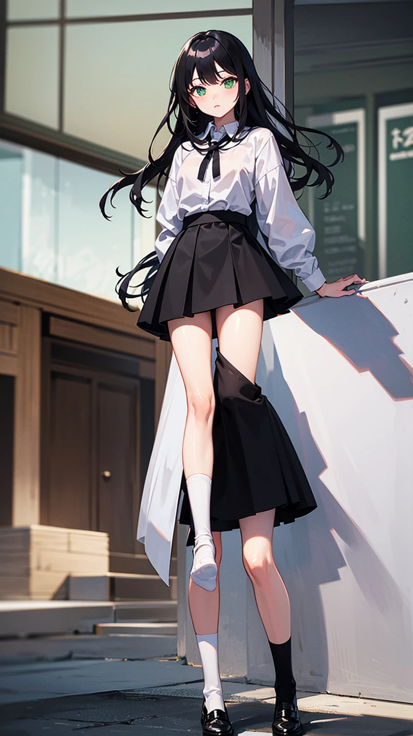 top-quality、Slender beauty、straight haired、cafeteria、knee high、hi-school girl、summer clothing、Ultra mini skirt、Underpants、Panchira、Put your hands on your hips、Niō Standing,Beautiful and perfect legs, Clean and perfect hands