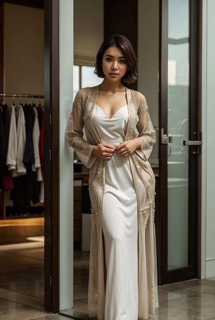 Office scene, A radiant, full-figured South Indian plus sized 35 year old aunty wearing a cream colour colour glittered chiffon short party gown, captured in a full-body image with vibrant hues and meticulous details. Full body image