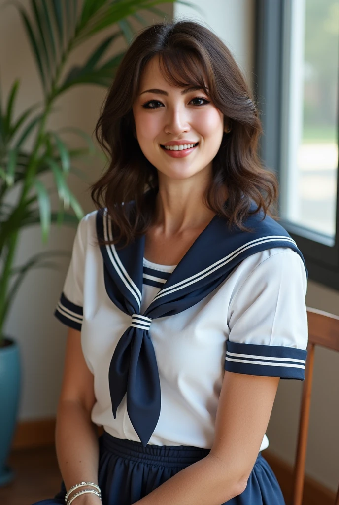 (((upper body shot))),Ultra-high resolution,big eyes,(brown eyes),Japanese,(forehead),(a girl),(1 girl),((18-year-old)),cute,pretty,((facing at viewer)),grin,(((white uniform)))