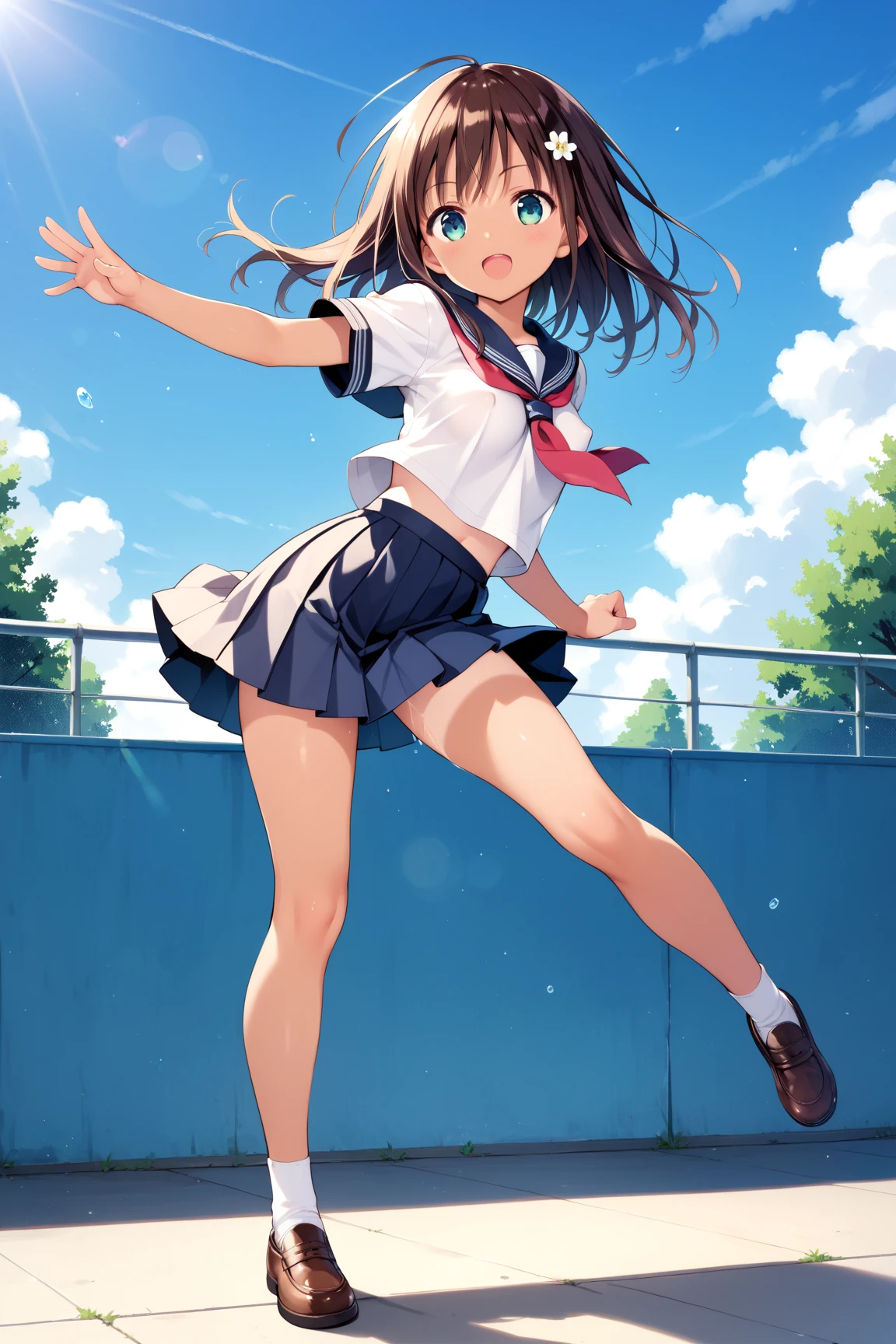 1girl,highres, masterpiece, perfect lighting,best quality,masterpiece,from side,blue sky,looking up, pastel \(medium\),
,short ,, flying, leg over head, soccer uniform,