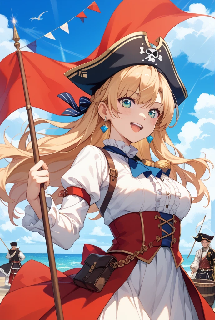 score_9, score_8_up, score_7_up, source_anime, <lora:riko-mine-s1-ponyxl-lora-nochekaiser:1>, riko mine, long hair, blonde hair, ribbon, red eyes, hair ribbon, twintails, two side up, large breasts,, <lora:pirate-costume-ponyxl-lora-nochekaiser:1>, pirate costume, pirate hat, skirt, gloves, jacket, shirt, eyepatch,, blue sky, sea, ocean, pirate ship, treasure, gold, smug, open mouth, from below, sitting,, , dutch angle, cowboy shot