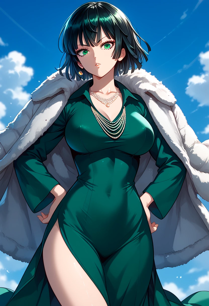 (((pixel-perfect, detail-perfect))), solo, 1girl, fubuki, fur coat, collared dress, collarbone, necklace, looking at viewer, closed mouth((( sexy pose arms above)))(( long belly)) height 198 cm (((world's perfect shape body)))(((bib boobs))).