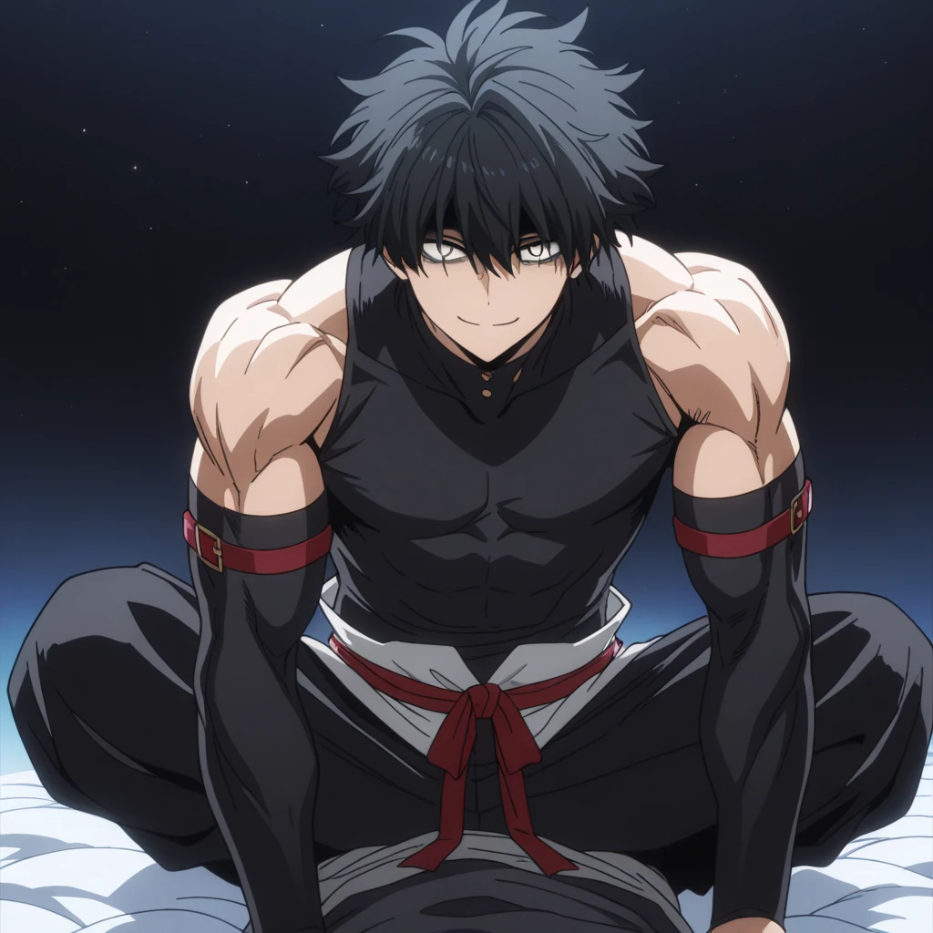 Anime screenshot from My Hero Academia. An attractive 16-year-old boy with short, wavy, messy black hair with the left side white and the right side black. Piercings in both ears, red, tired, and slanted eyes. A regular athletic physique. He's shirtless with dark blue denim cargo pants. Looking down, sweating and smiling mischievously. bottom of a room. They are taking someone's hip on top of the bed +18